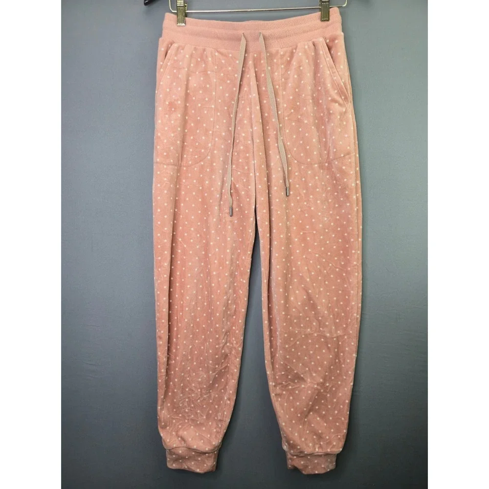 Three Dots Velour Jogger Pants Polka Dot Size S Pink Velvet Lounge Sweatpants - Picture 1 of 7